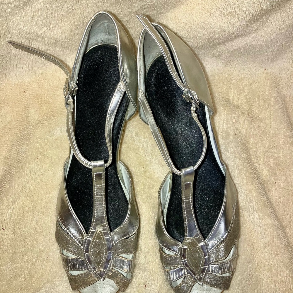 Silver VeryFine Dance Shoes – T-Strap Peep Toe, 3” Heel, Size 7.5, Leather Sole